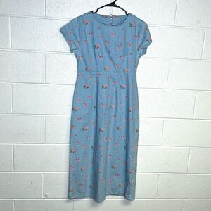 < Vintage Mountain Lake Floral Pattern Denim Dress >
